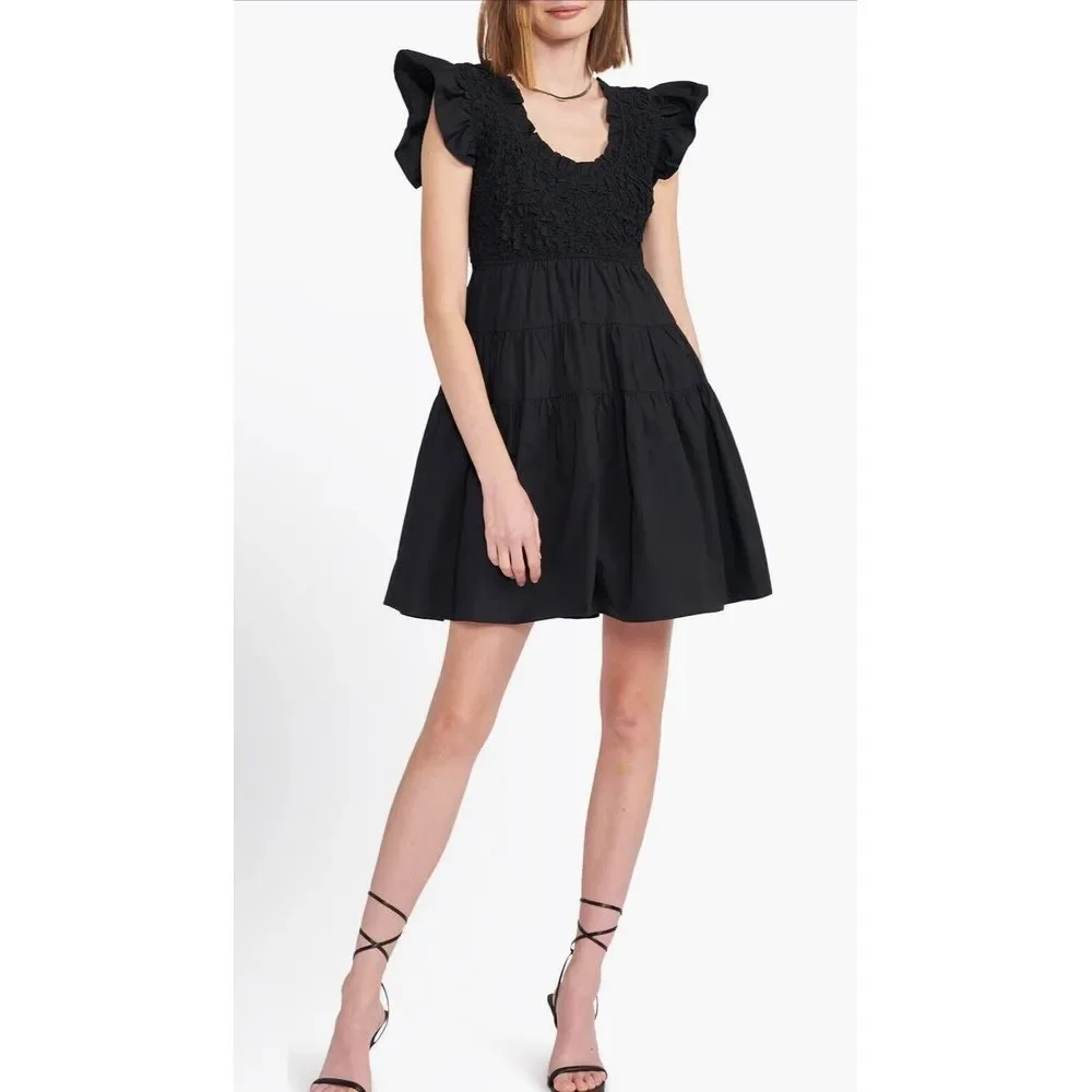 en saison Black Matisse Flutter Women Dresses Smocked Size Medium Stretchy - Picture 1 of 8